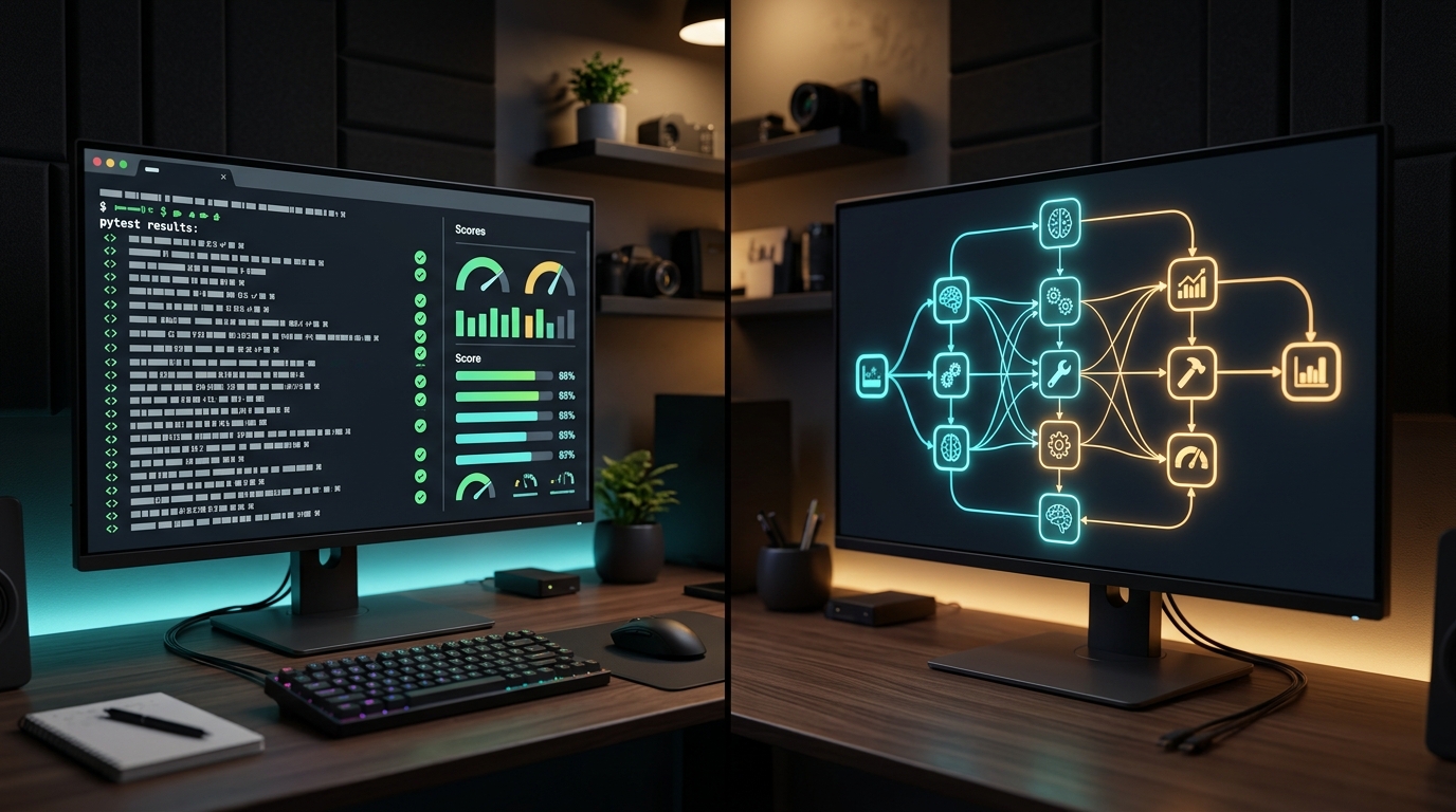 A developer workstation showing green pytest checkmarks alongside a glowing DAG graph of agent evaluation steps