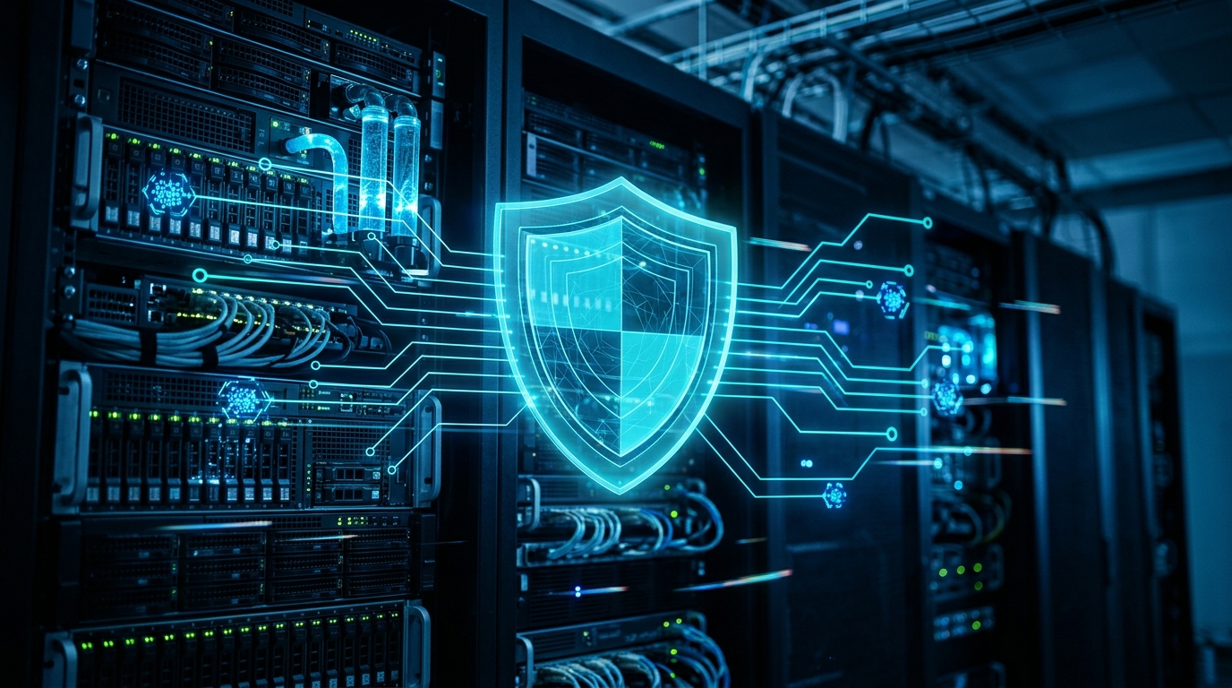 A glowing security shield protecting abstract AI agent nodes in a dark blue and cyan tech illustration