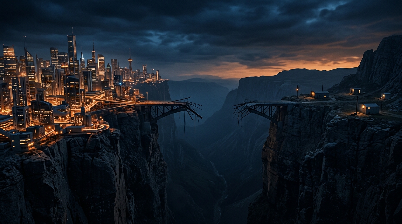 A dramatic infrastructure chasm between two cliffs — one dense with AI agent concepts, the other sparse with production systems