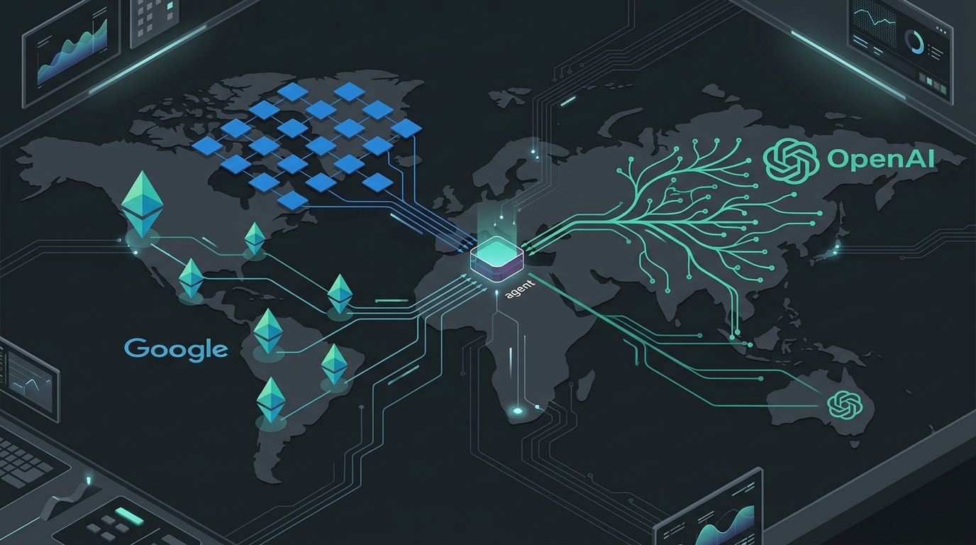 Three major AI platforms — Google, OpenAI, and Microsoft — converging toward a central abstract agent node in a dark editorial illustration