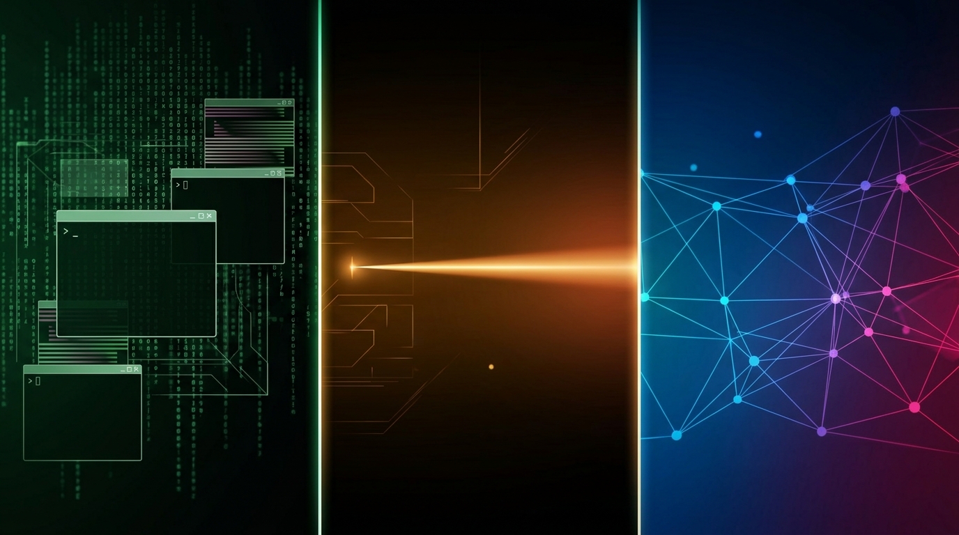 Three-panel editorial split-screen showing green terminal code (OpenAI), warm amber precision beam (Anthropic), and blue-magenta interconnected network mesh (Google) — representing the June 2026 AI agent platform race.