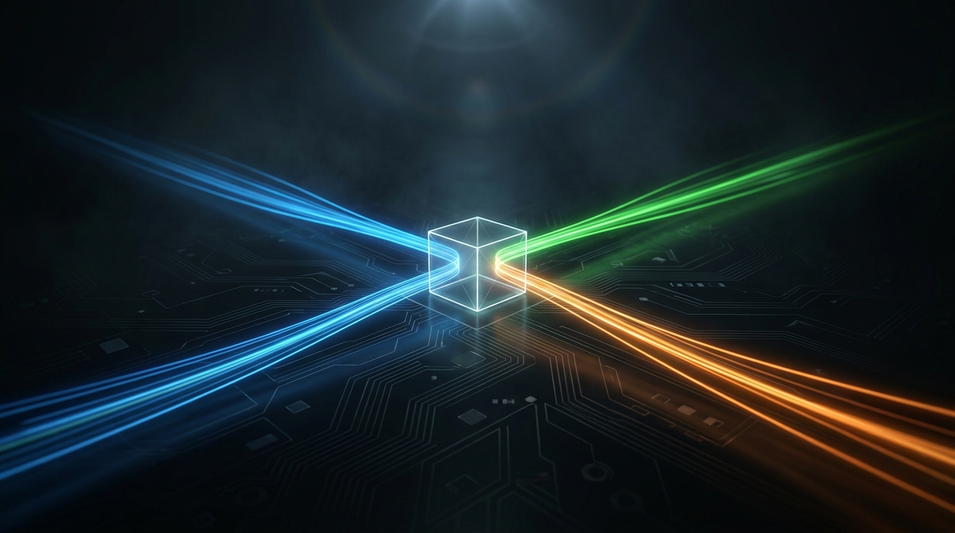 Three converging colored light streams — blue, green, orange — flowing toward a central wireframe cube on a dark circuit board