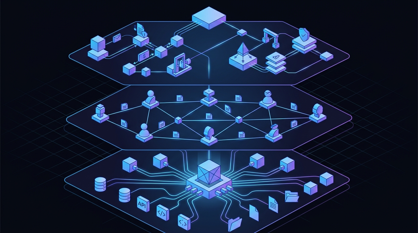 Layered AI agent protocol stack showing MCP tool integration, A2A agent coordination, and identity services in an editorial illustration