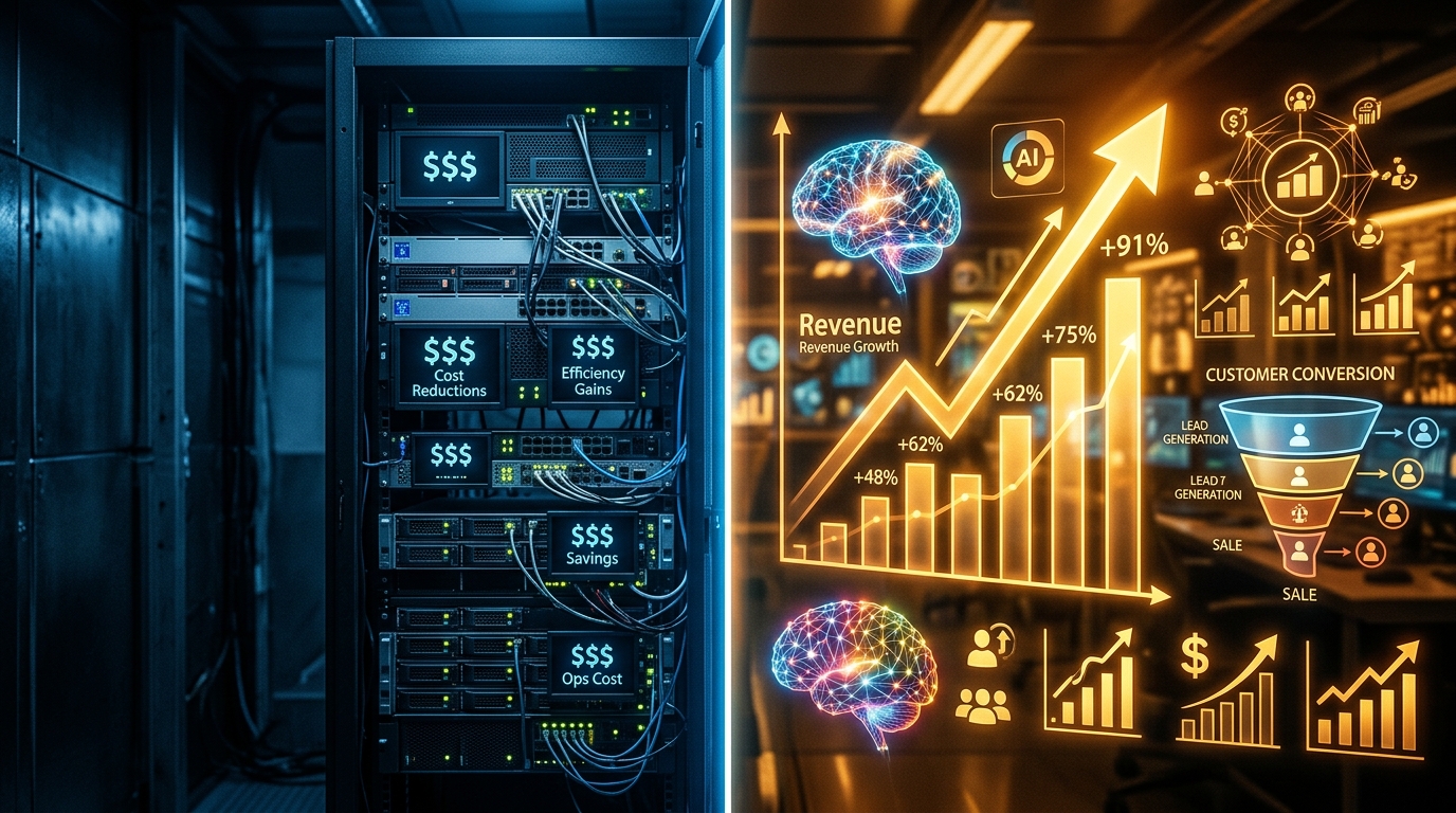 Split composition contrasting cold industrial server racks with dollar signs against warm golden revenue growth charts and customer conversion funnels
