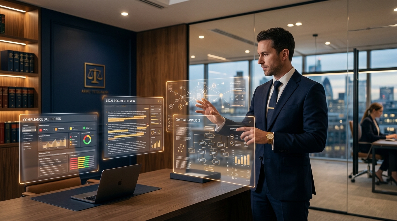 Modern law firm office with holographic AI agent overlays showing contract analysis and compliance dashboards
