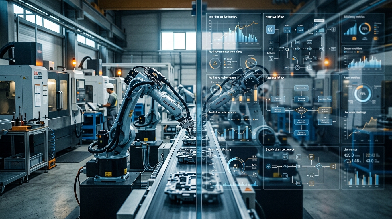 Modern smart factory floor with AI agent dashboards overlaid on industrial equipment