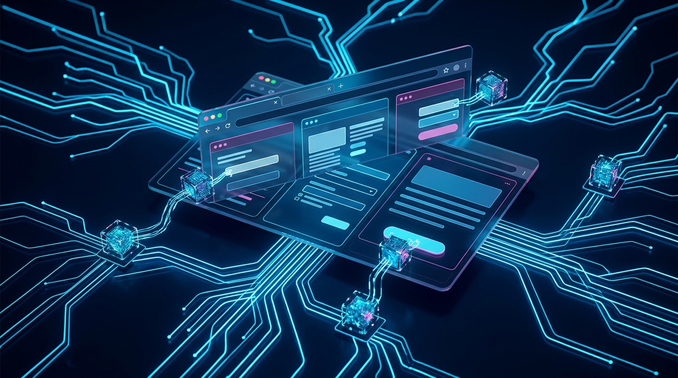 Futuristic browser interface with AI agent nodes connected by glowing blue network lines, representing autonomous web automation
