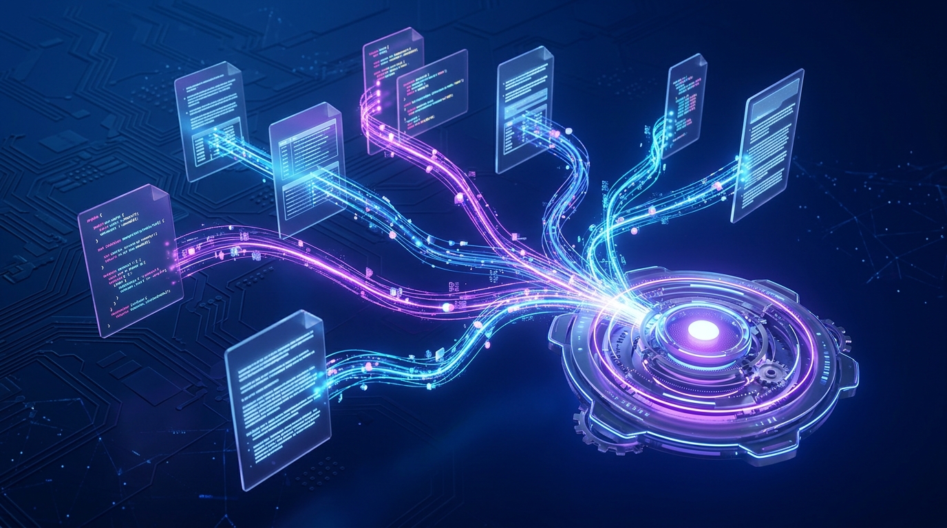 AI answer engine pulling citations from multiple floating document panels, deep blue and purple palette