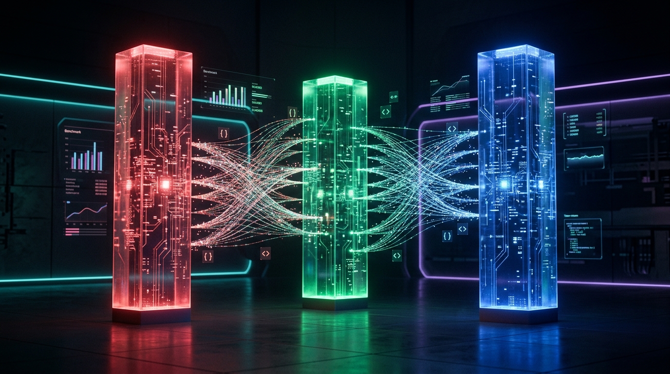 Three glowing AI model pillars with data streams forming a neural network visualization on dark background