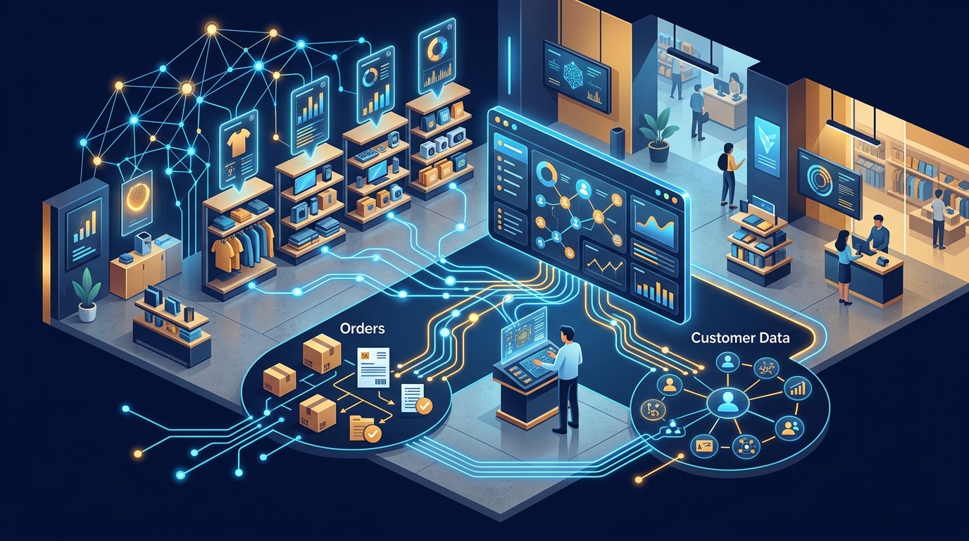 Retail AI agent dashboard with holographic inventory and neural network overlays