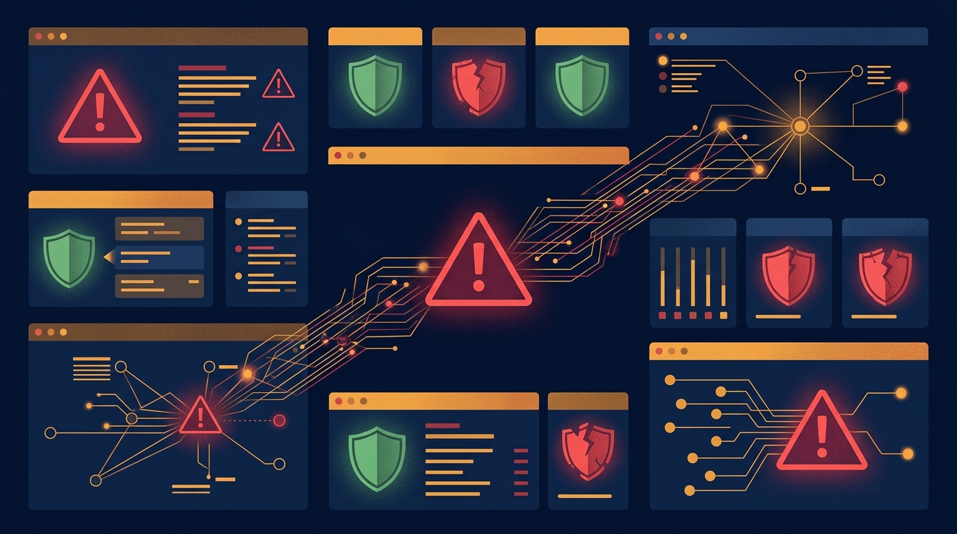 Cybersecurity alert dashboard with red warning triangles and shield icons over a dark network topology