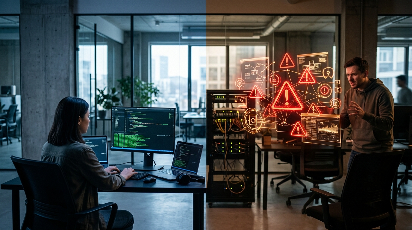 Split-screen engineering workspace — code editors on one side, production alerts on the other