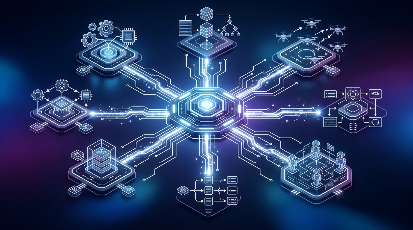 Interconnected network of AI agent framework architectural diagrams on a dark gradient background with glowing nodes