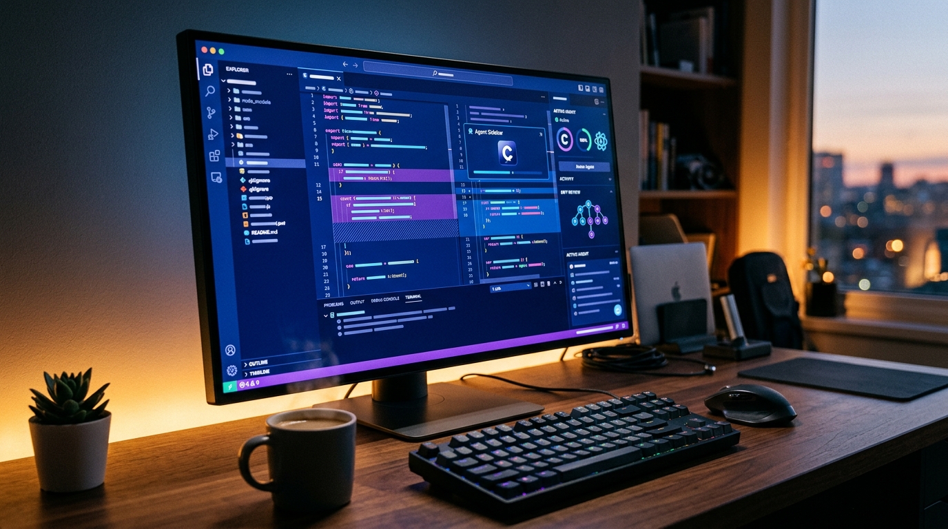 Developer workspace with Cursor IDE displaying agent-assisted code diff visualizations in blue and purple tones