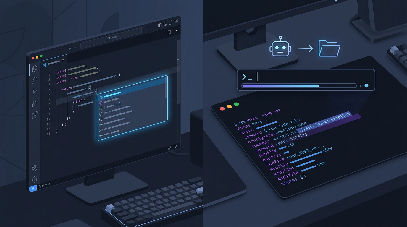Split-screen showing Cursor IDE on the left with inline AI autocomplete and Claude Code terminal agent on the right