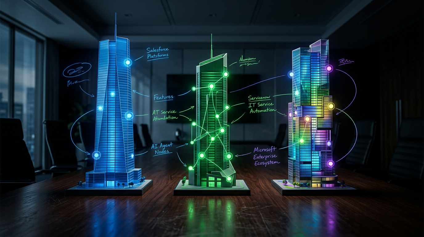 Three corporate towers representing Salesforce, ServiceNow, and Microsoft with AI agent nodes glowing at different intensities on a dark executive boardroom table