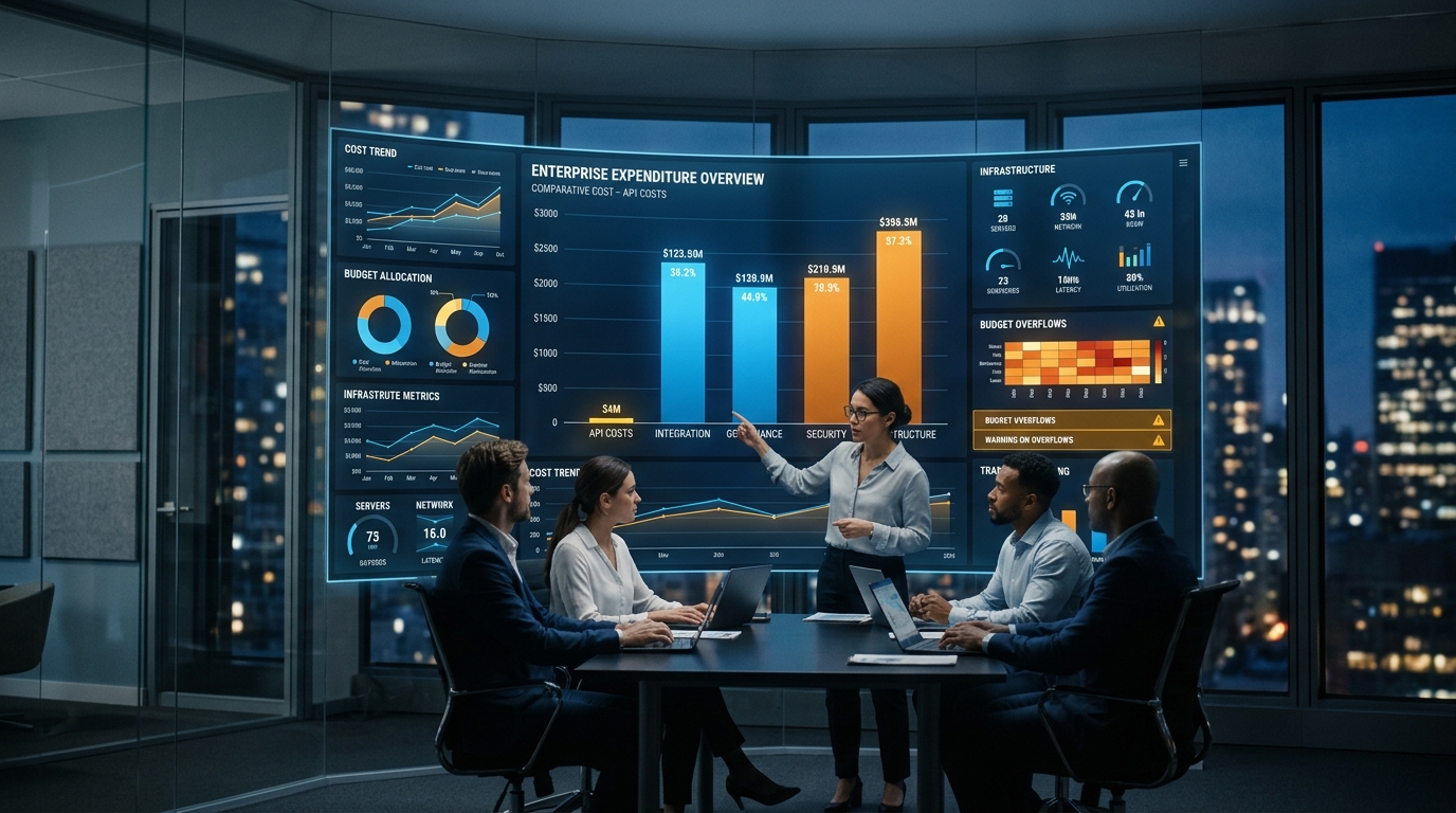 Enterprise AI agent cost breakdown dashboard showing TCO components