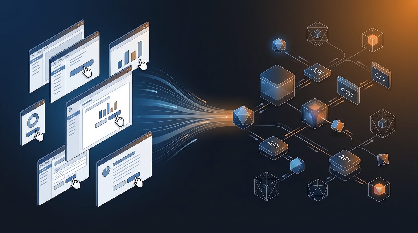 Editorial illustration showing traditional GUI applications transforming into API endpoint networks with agent nodes