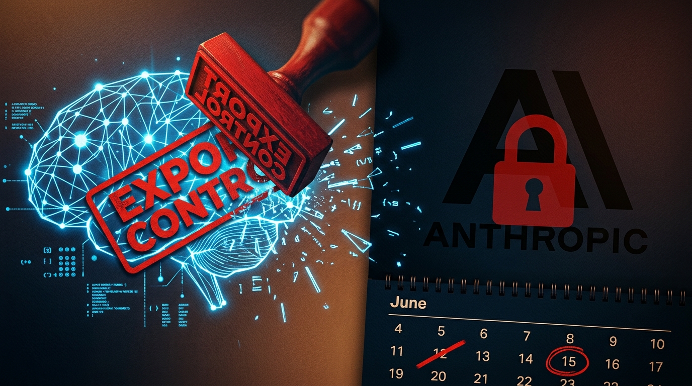 Split editorial composition: glowing blue AI neural network severed by a red export control stamp with code fragments scattering, darkened Anthropic logo silhouette with a padlock, calendar showing June 12 crossed out and June 15 circled. Deep navy, red, and amber palette, cinematic lighting.
