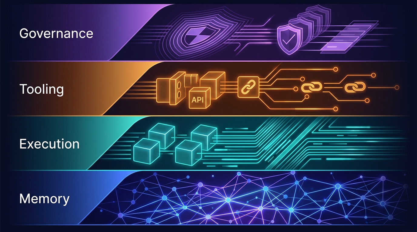 Four luminous architectural layers of AI agent infrastructure — memory, execution, tooling, and governance — stacked vertically against a dark technical background