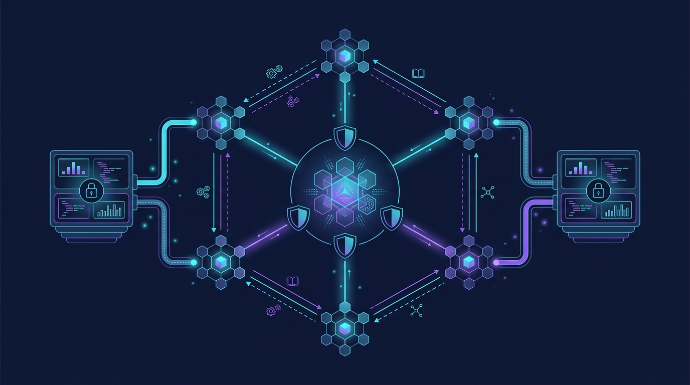 OpenAI Agents SDK architecture showing interconnected agent nodes with handoff pathways, guardrails, and sandbox containers