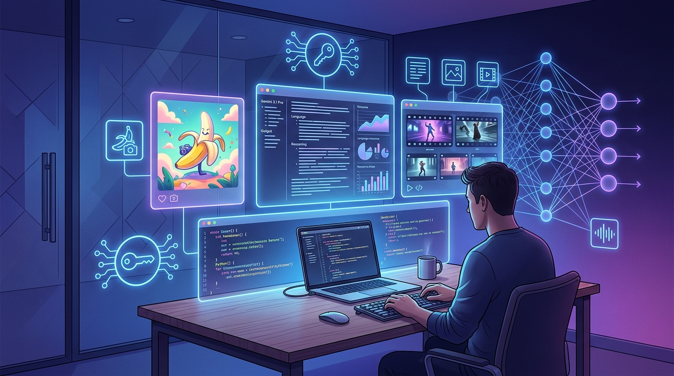 Google AI Studio developer workspace with floating panels showing Gemini models, image generation, and code export