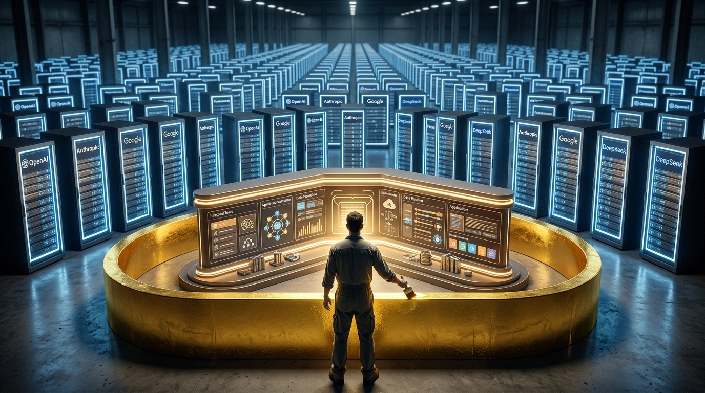 Editorial photograph showing identical AI server racks stretching into infinity with brand logos, while a figure paints a golden moat around a differentiated platform layer in the foreground