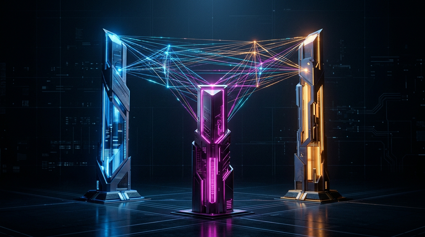 Three colored architectural pillars representing LangChain, LlamaIndex, and Semantic Kernel connected by data streams
