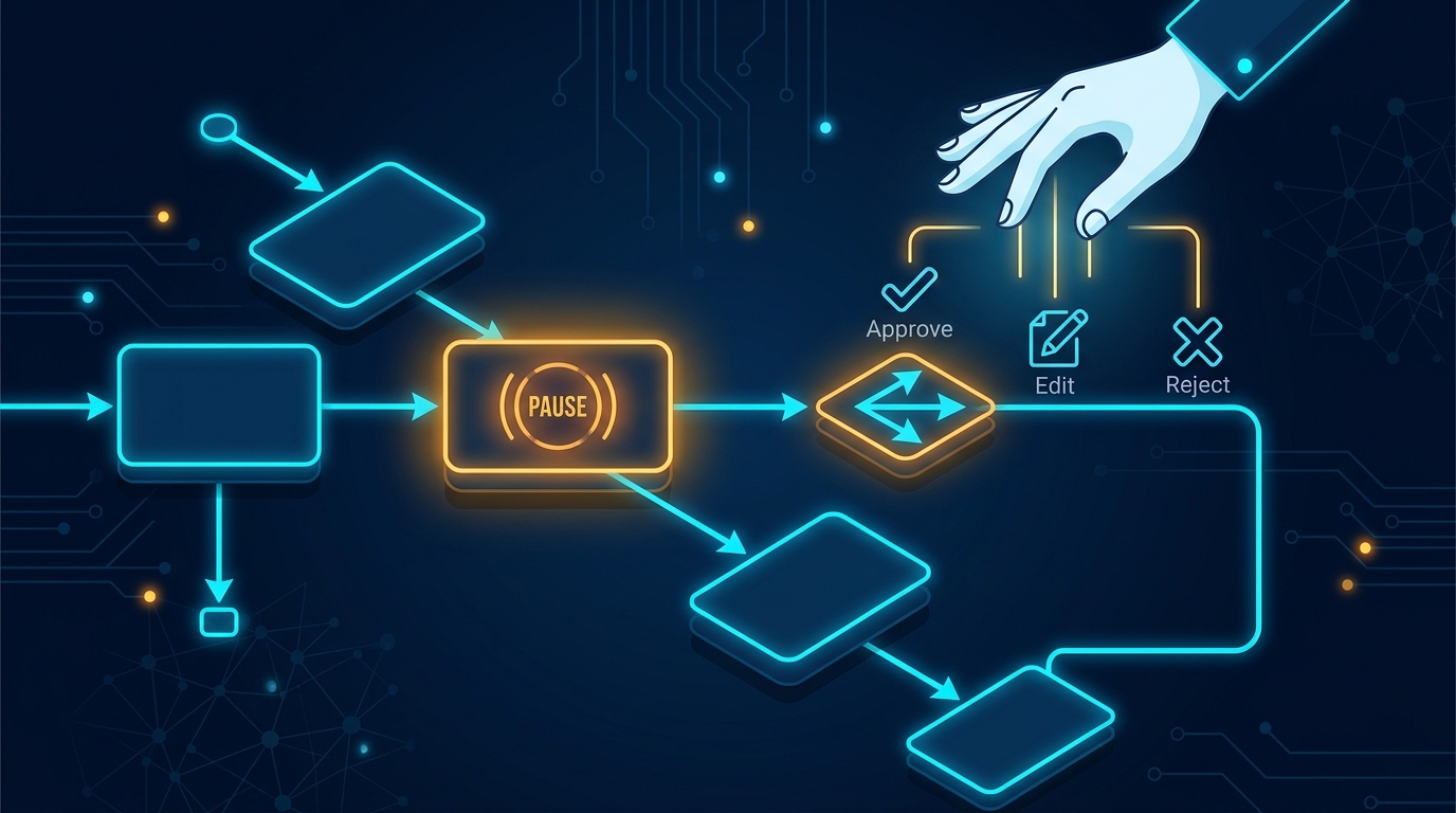 LangGraph state machine flowchart with pause interrupt signal and human decision fork showing approve, edit, and reject paths