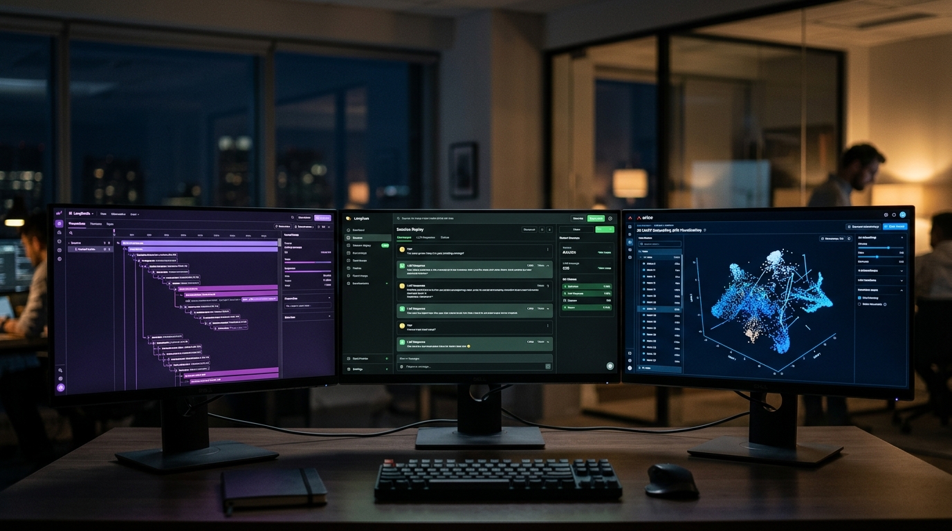 Three LLM observability dashboards — LangSmith, Langfuse, and Arize Phoenix — displayed side by side