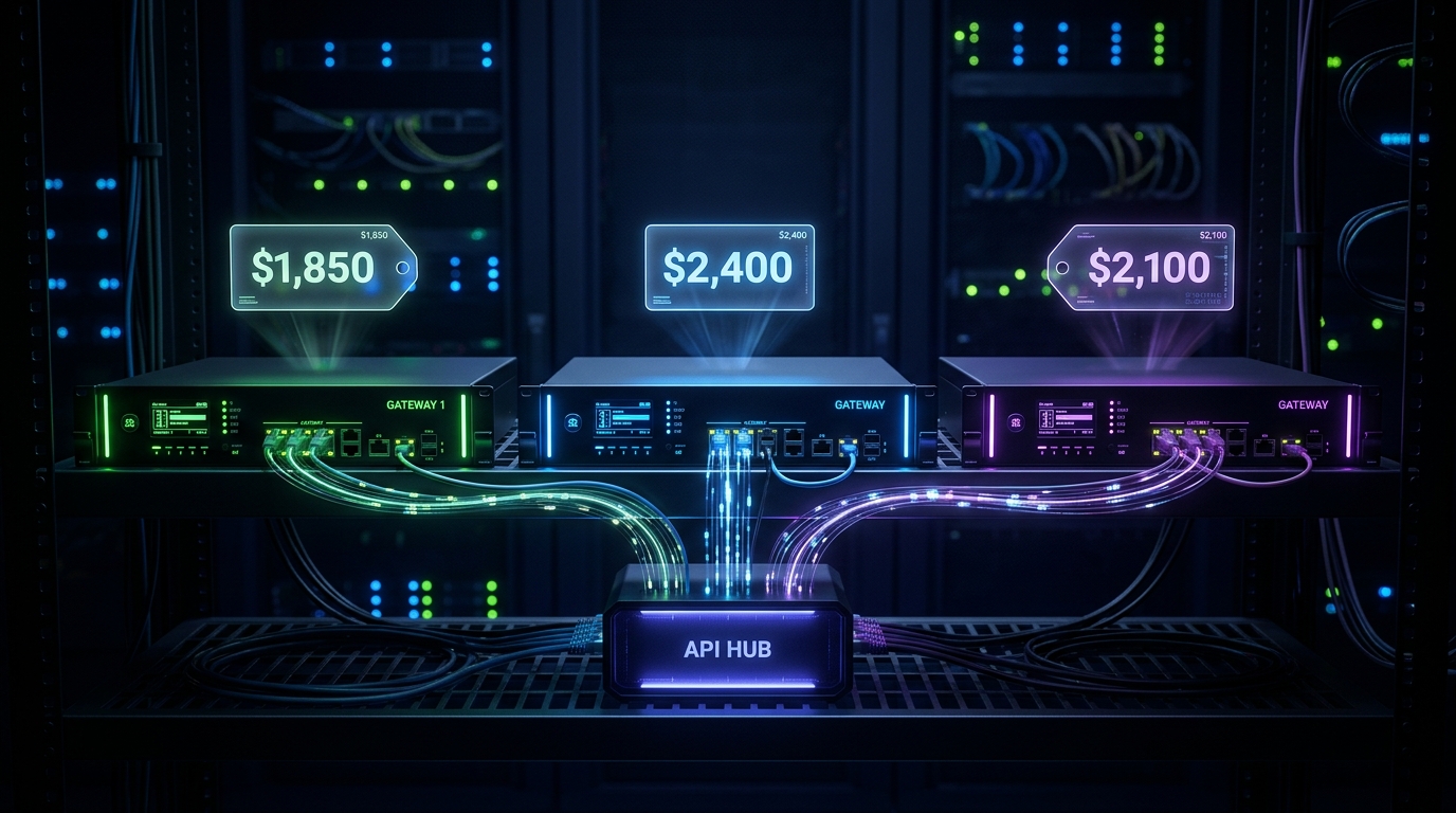 Three illuminated network gateways representing LiteLLM, Portkey, and Kong — green, blue, and purple — with price tags and data streams in a dark data center