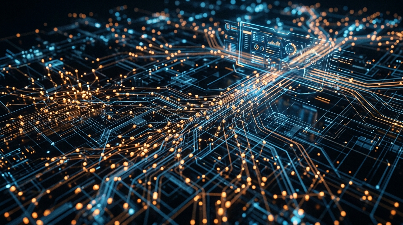 Abstract visualization of agent sprawl across a network topology converging into a central orchestration dashboard with blue and amber tones