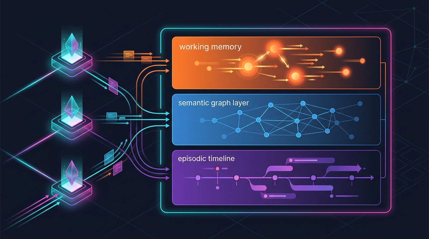 Editorial illustration of multi-agent memory architecture with three agent nodes connected to layered memory tiers in warm orange, blue, and purple on dark background