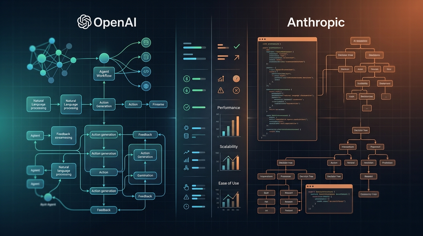 Split-screen comparison of OpenAI and Anthropic SDK architectures with abstract node diagrams