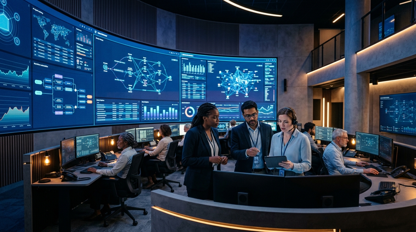 Enterprise AI agents adoption trends 2026 — operations center with AI dashboards