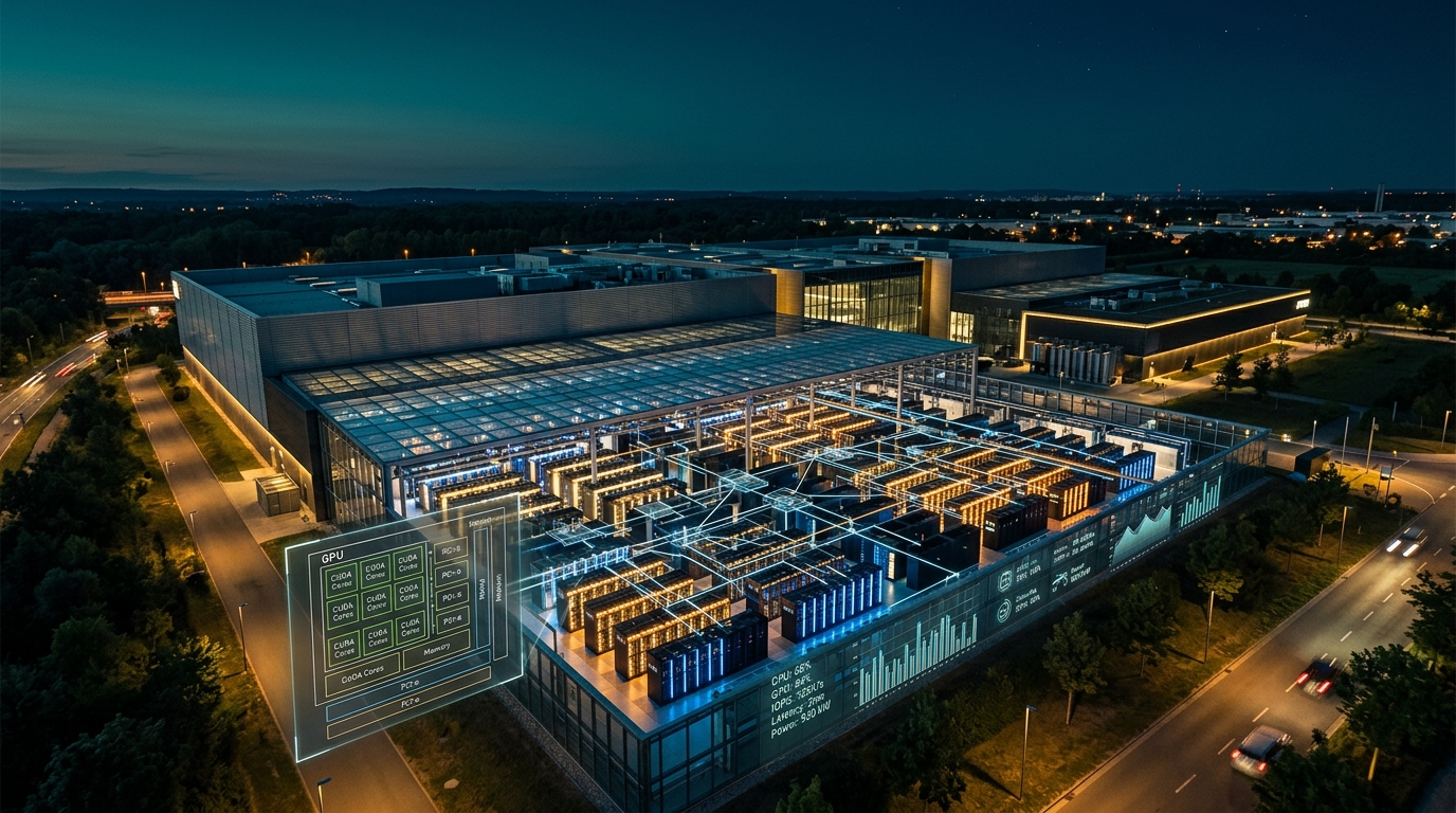 Modern data center at dusk with holographic GPU performance metrics overlay