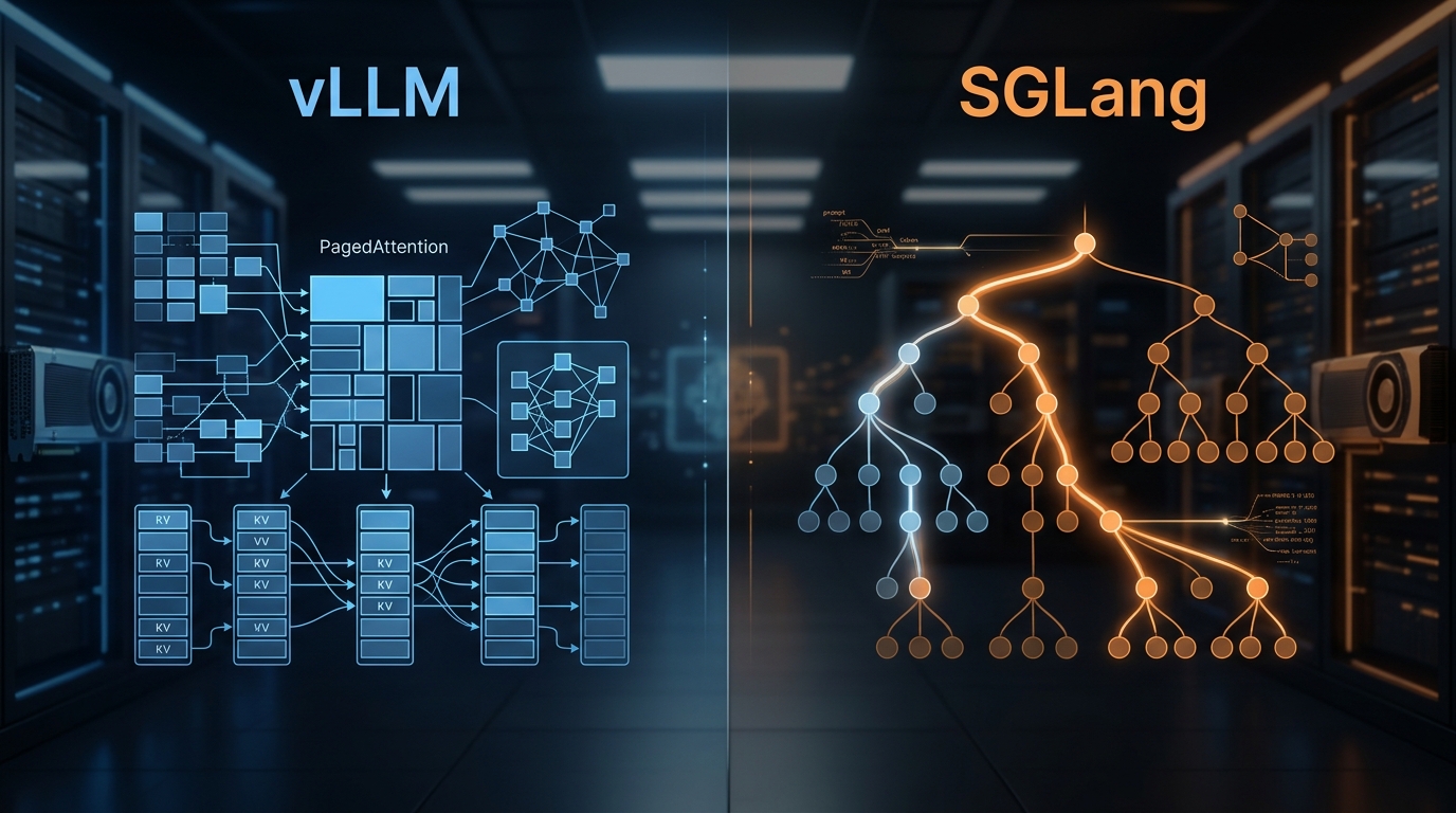 Split-screen comparison of vLLM blue memory block visualization and SGLang orange radix tree data structure on dark background with GPU silhouettes