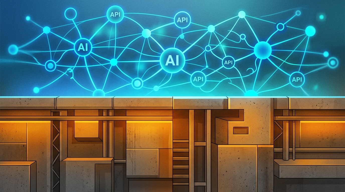Editorial illustration of glowing agent nodes above a concrete barrier wall, showing tension between AI innovation speed and enterprise deployment reality