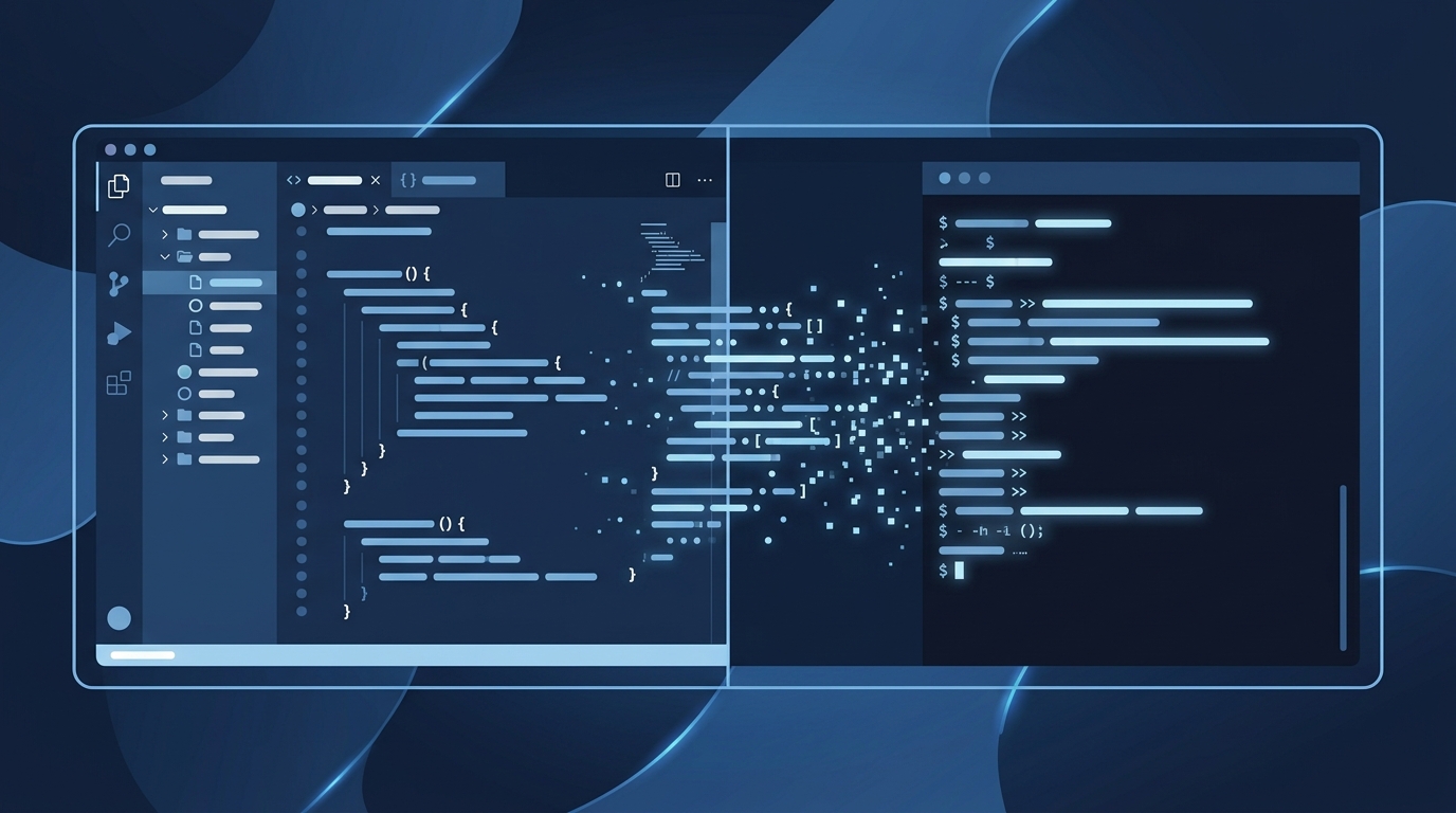 Conceptual visual: Cursor IDE versus Claude Code terminal split-screen
