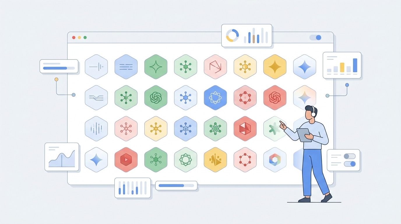 Conceptual visual: Google AI Studio playground with available Gemini models