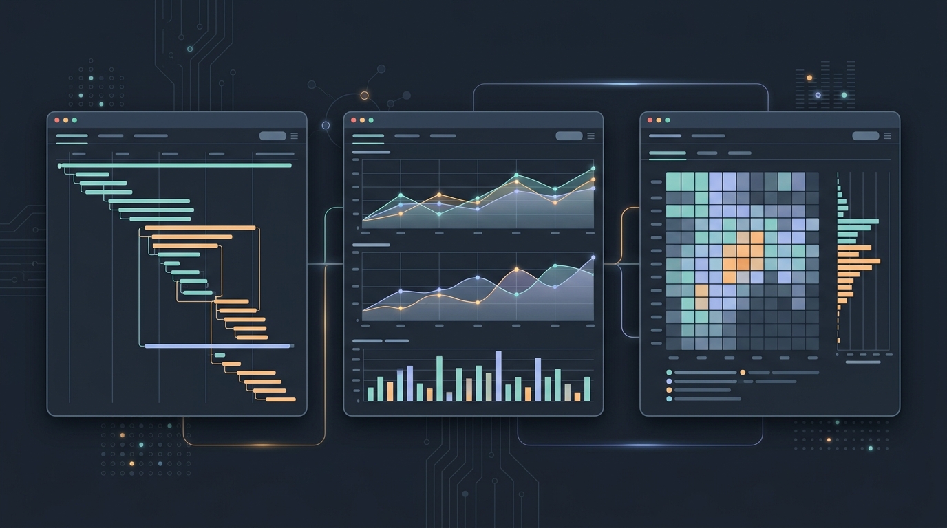 Conceptual visual: three LLM observability dashboards side by side